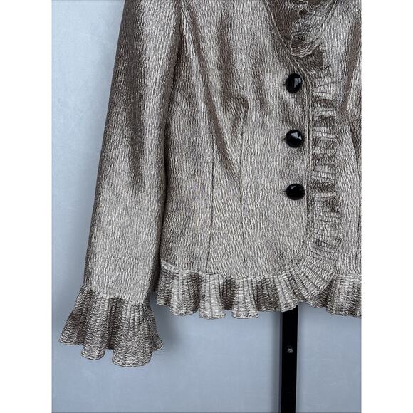 Vintage Victor Costa Jacket Women's 4 Gold Metallic Ruffle Trim 90s Maximalist - Picture 3 of 10